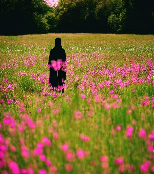 Prompt: shadow person figure standing at distance in beautiful meadow of flowers, film photo, grainy, high detail, high resolution