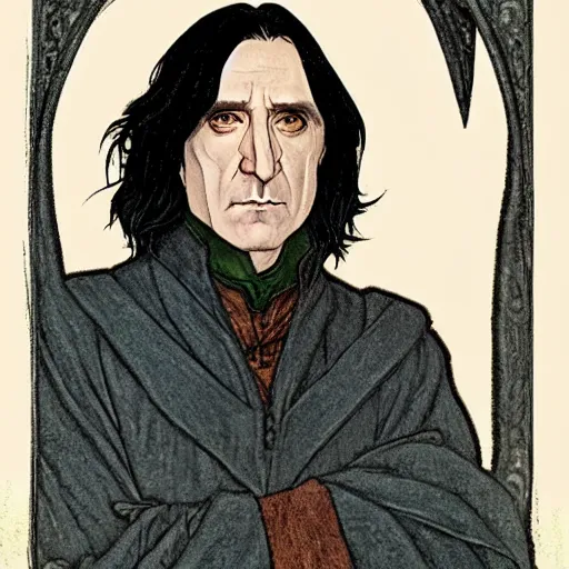 Image similar to a stunning matte portrait of a severus snape as harry potter, intricate, elegant, highly detailed, digital painting, artstation, sharp focus, illustration, art by rebecca guay and arthur rackham and alphonse mucha and john william waterhouse, pixv