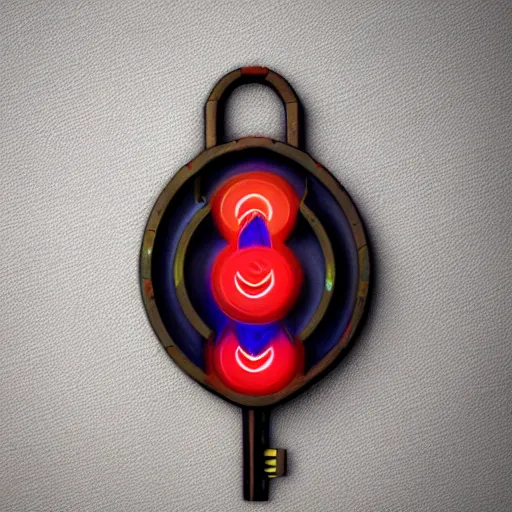 Prompt: a stylised colorful metal key, key is on the center, rpg game inventory item, rim light, outer glow, on the white background, high poly vray, stylised textures, trending on artstation