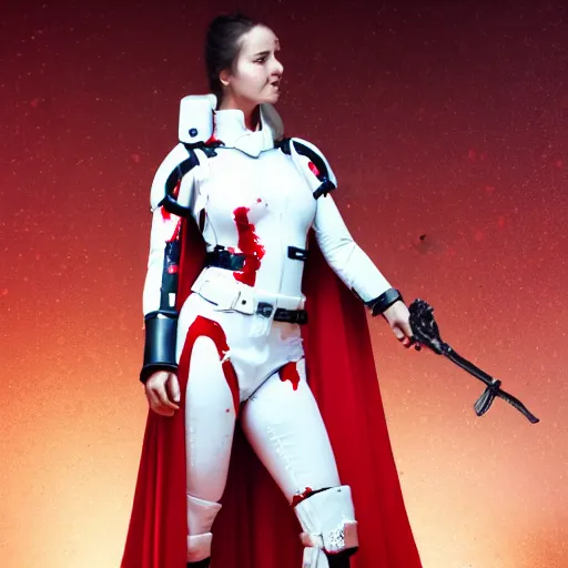 Image similar to a young female soldier wearing blood-spattered glossy sleek white dinged scuffed armor and a long torn red cape, heroic posture, determined expression, elegant, no helmet, on the surface of mars, dramatic lighting, cinematic, sci-fi, hyperrealistic, detailed