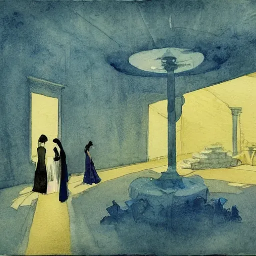 Prompt: procession of women in a blue and gold haunted liminal abandoned temple, watercolor by victo ngai, by hammershøi, art noveau, highly detailed, lights by edward hopper, liminal, eerie, bright pastel colors