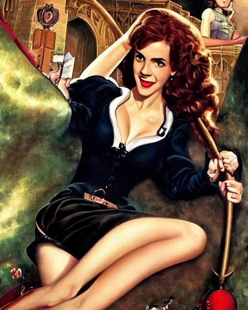 Prompt: pinup photo of hermione granger by emma watson in the crowded square of hogwarts, gil elvgren, enoch bolles, edward robert hughes, henry justice ford, glossy skin, pearlescent, very coherent, very detailed