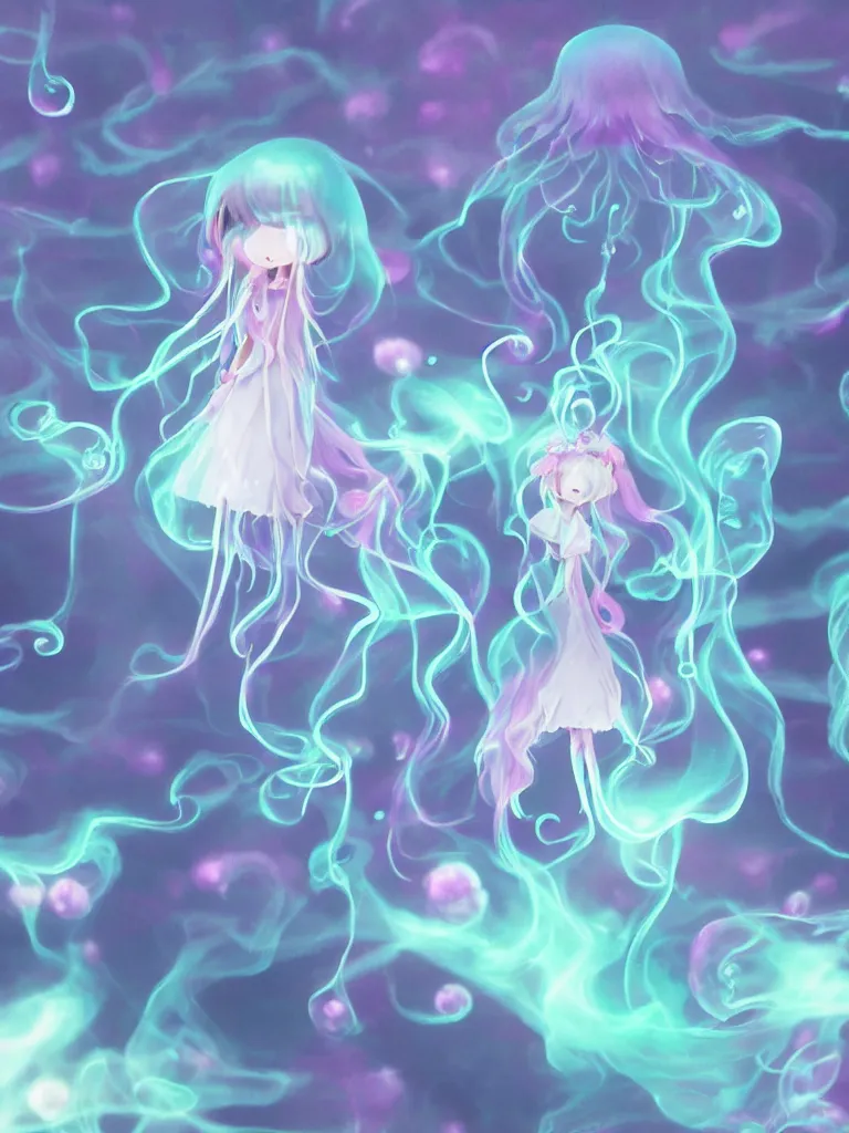 Image similar to cute fumo plush smiling ectoplasmic gothic jellyfish ghost girl dancing over mysterious waters, anime, reflective moonlit river in the midst of a forgotten forest, glowing pink wisps of hazy green smoke and eerie blue volumetric fog swirling, glowing lens flare, black and white, refraction, vray