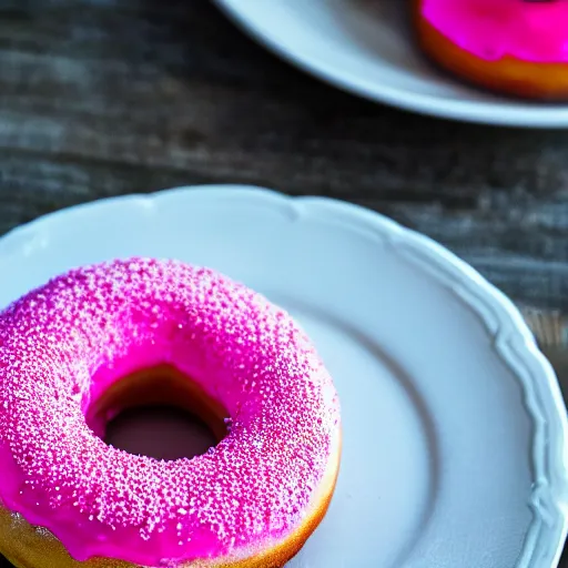 Prompt: a close up photo of a delicious looking pink frosted donut with sprinkles on a plate, high quality, hd, food photography