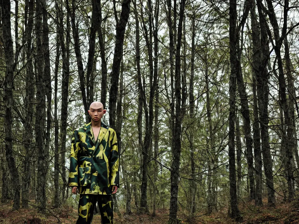 Prompt: versace avant garde oversized jacket arctic camouflage pants fur green gold necklace textiles streetwear cyberpunk buff fit japanese asian man shaved head in the woods overcast late evening dramatic professional color 8 k hdr