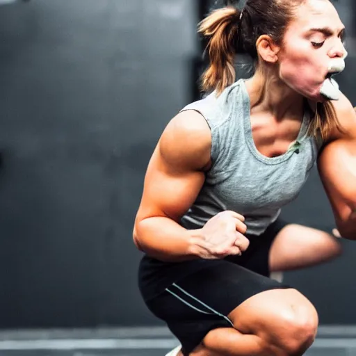 Image similar to a person doing CrossFit while eating an apple