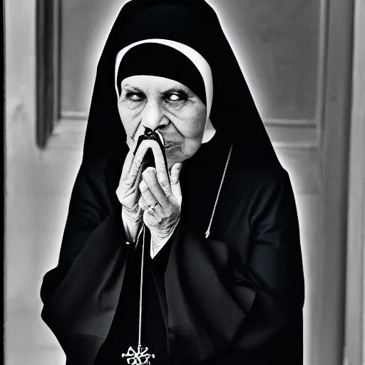 Prompt: a black nun wearing shiny jewelry, she's smoking a cigar and puffing smoke, kodak film photo, amateur photography, candid