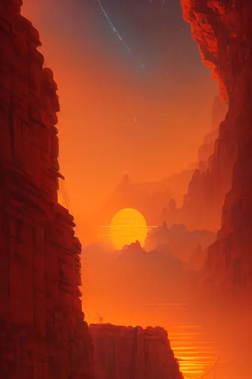 Prompt: traditional temple glowing orange in canyon, lightstreaks and planets in the sky, dramatic lighting, artstation, matte painting, ralph mcquarrie, simon stalenhag