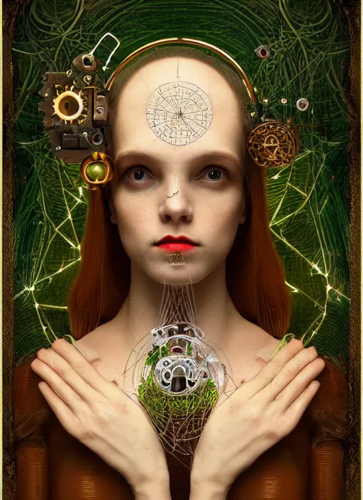 Prompt: symmetrical renaissance painting of android woman covered by plants and crystalsin the mystical forest, beautiful symmetrical face, wires and cords, golden steampunk, retro futurism, sci - fi, filigree jewellery, baroque, cinematic light, mystical shadows, 8 k