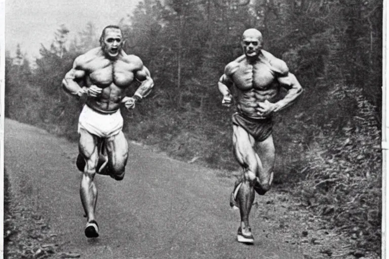 Image similar to old photo of a muscular man running for his life after seeing a monster for the first time, funny