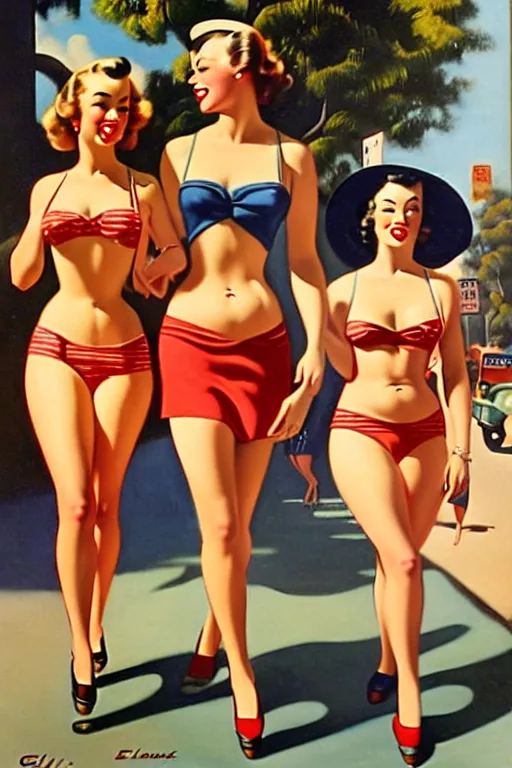 Image similar to 1940s group of pinup bikini girls walking down the street in 1940s Adelaide in Australia, oil painting, by Gil Elvgren