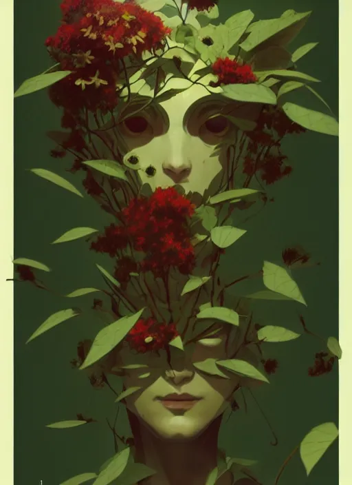 Prompt: flat surreal design by satoshi kon and greg rutkowski, a cyborg face in some plants with flowers and berries for a face, 6 0's retro sci - fi art