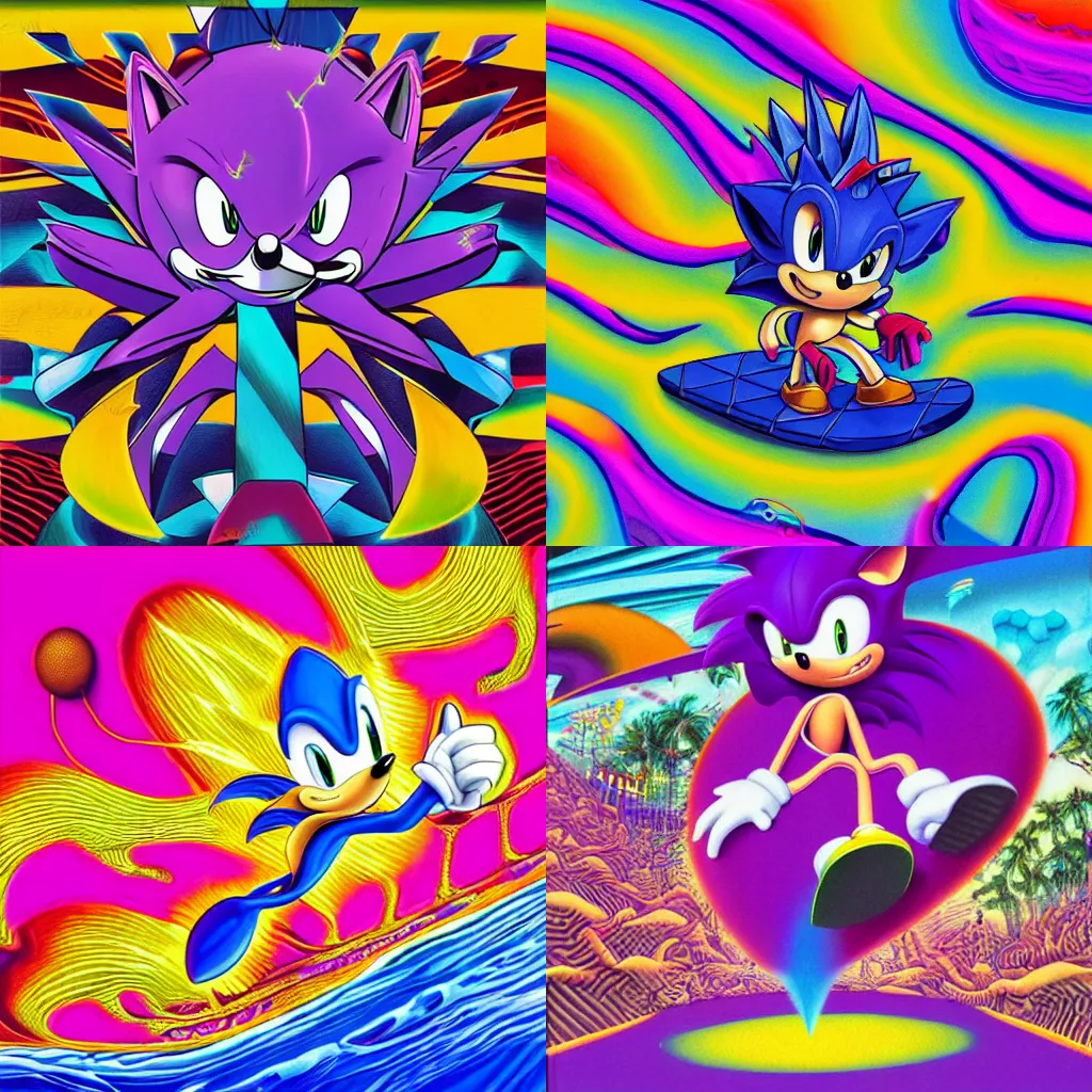 Image similar to surreal, sharp, detailed professional, high quality airbrush art MGMT album cover of a liquid dissolving LSD DMT sonic the hedgehog surfing through cyberspace, purple checkerboard background, 1990s 1992 Sega Genesis video game album cover