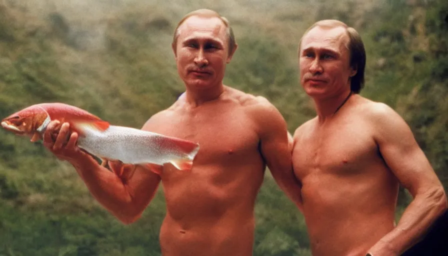 Image similar to 7 0 s movie still of putin in speedo, proudly holding a salmon, focus on eyes. cinestill 8 0 0 t _ 3 5 mm eastmancolor, heavy grain, high quality, high detail