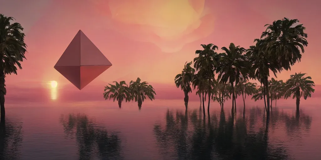 Prompt: Beeple artgem masterpiece, sunrise, hyperrealistic surrealism, award winning masterpiece with incredible details, epic stunning, infinity pool, a surreal liminal space, highly detailed, trending on ArtStation, calming, meditative, pink arches, palm trees, surreal, sharp details, dreamscape, giant head statue ruins, gold octahedron statue, crystal clear water
