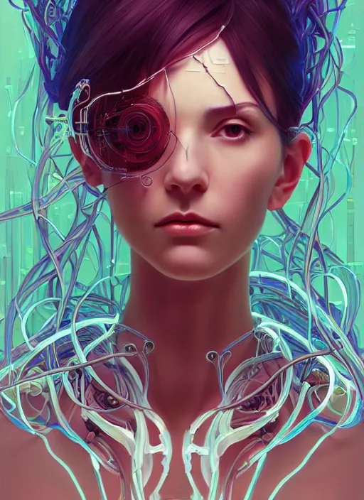Image similar to beautiful woman, portrait, made of shapes, wires, tubes, veins, jellyfish, white bio - mechanical details, bionic cyborg implants, augments, masterpiece, intricate, biopunk, dramatic lightning, cyberpunk, by loish and makoto shinkai and lois van baarle and ilya kuvshinov and tom bagshaw and alphonse mucha