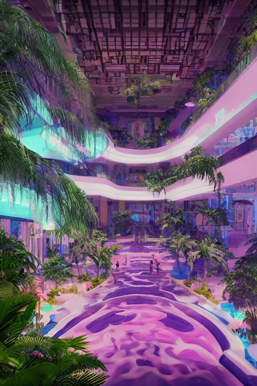 Prompt: photo of a vaporwave aesthetic indoor liminal 90s mall with a lazy river, long shot, concept art, environmental art, cycles render, caustics water, midnight, volumetric lighting , 4k octane render, intricate detail, photorealistic , cinematic lighting, Artstation