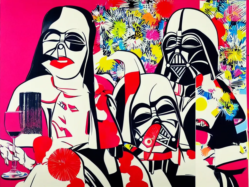 Image similar to hyperrealistic composition, in the middle a woman in a japanese kimono, behind her stands darth vader, in front of her a table from the casino, in the background is mount fuji and fireworks, pop - art style, jacky tsai style, andy warhol style, roy lichtenstein style, acrylic on canvas