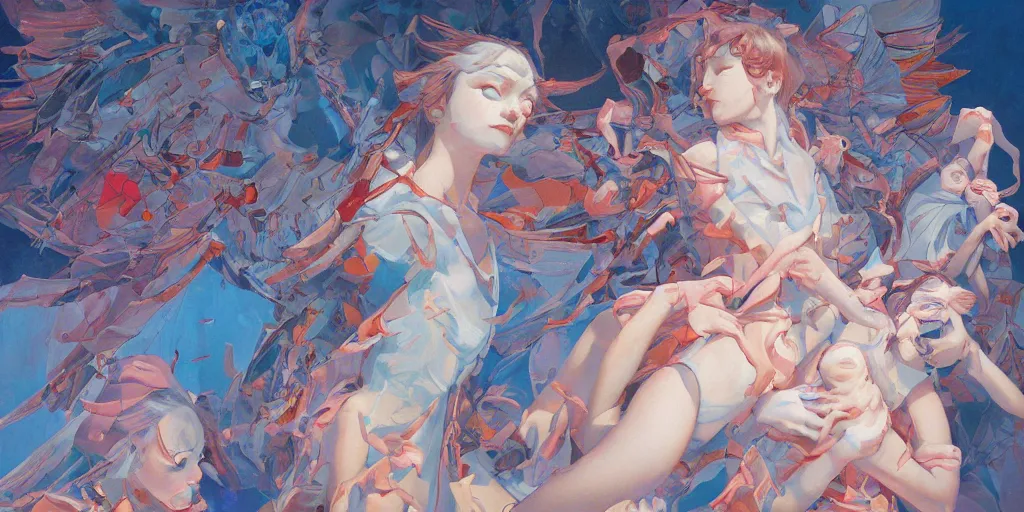 Image similar to gigantic angels painting soft light by james jean and satoshi kon and erik jones, inspired by evangelion, smooth feature, intricate oil painting, high detail illustration, sharp high detail, 1 9 9 9