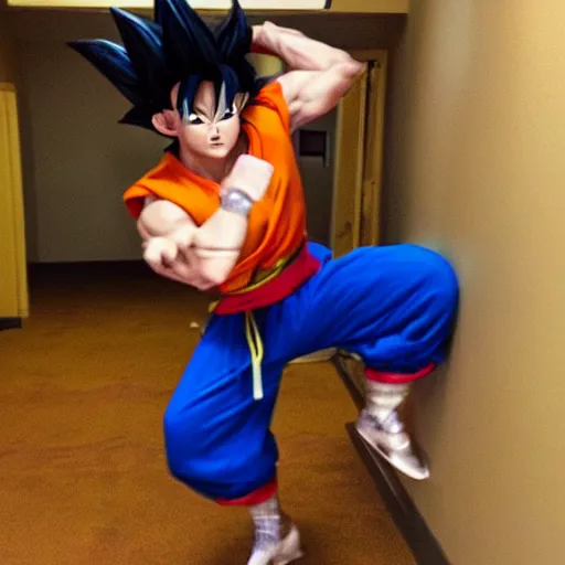 Image similar to low quality photo of goku in the backrooms