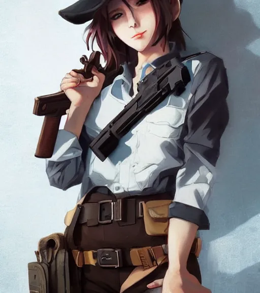 Image similar to pretty woman holding a gun, by wlop, rain, poster, anime key visual, artstation