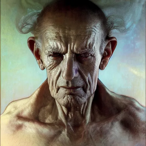 Prompt: hyperrealist portrait of an ancient old alien man with large cruel intelligent eyes and a huge head standing in front of a computer interface by jeremy mann and alphonse mucha and alan lee, fantasy art, photo realistic, dynamic lighting, artstation, poster, volumetric lighting, very detailed faces, award winning, full face, symmetry