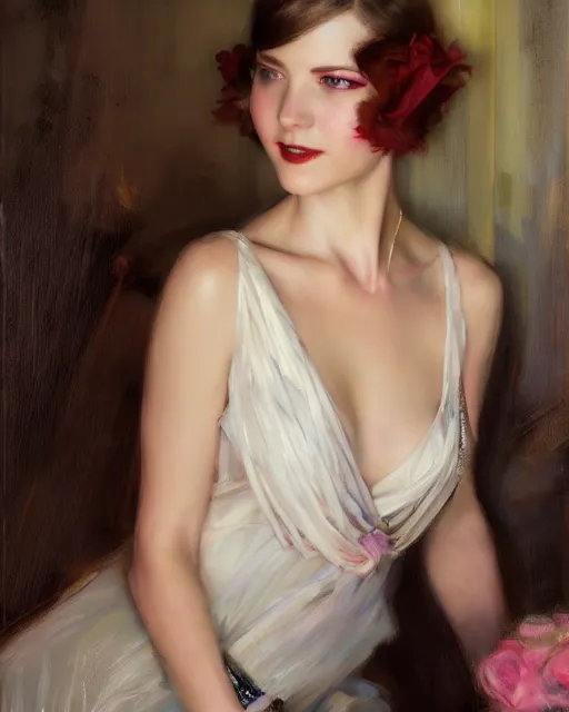 Image similar to daniel gerhartz and artgerm portrait digital realist painting of a 1 9 2 0 s beautiful woman at a party in a mansion, mansion interior in the background, unreal engine, hyper realism, realistic shading, cinematic composition, realistic render, octane render, detailed textures, photorealistic, ultrawide shot, 3 5 mm film