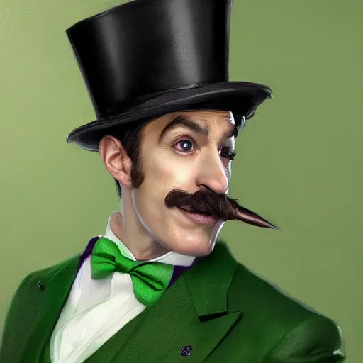 Image similar to hyper realistic portrait painting, beautifully rendered, dapper fancy luigi wearing a green top hat, green suit and bowtie, smirking deviously, painted by greg rutkowski, wlop, artgerm, dishonored 2