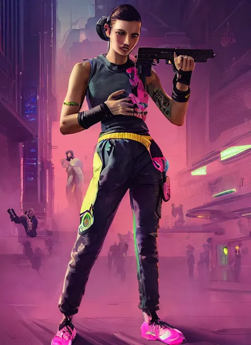 Image similar to beautiful cyberpunk female athlete wearing pink jumpsuit and firing a futuristic yellow belt fed automatic pistol. ad poster for pistol. cyberpunk poster by james gurney, azamat khairov, and alphonso mucha. artstationhq. gorgeous face. painting with vivid color, cell shading. ( rb 6 s, cyberpunk 2 0 7 7 )