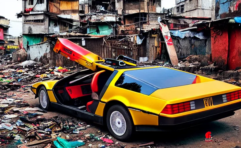 Image similar to a red and yellow delorean in ajegunle slums of lagos - nigeria, magazine collage, masterpiece,