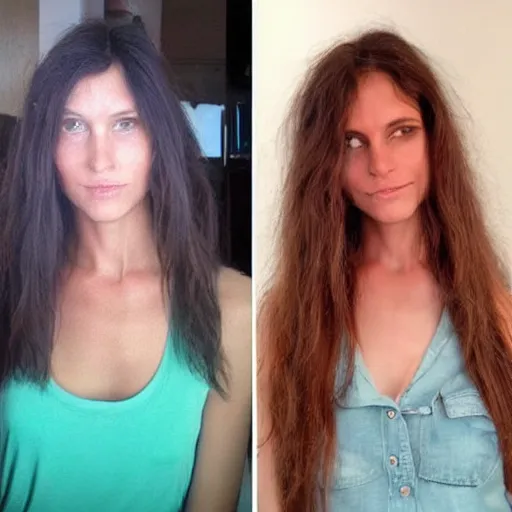 Prompt: before and after picture of a beautiful supermodel before and after she cuts her long hair off