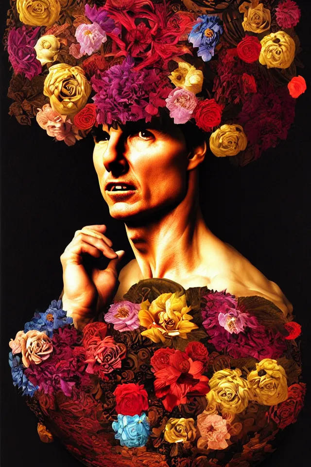 Image similar to bizarre surreal renaissance portrait of tom cruise as a box made out various flowers, dramatic cinematic lighting, bold colors, 8 k, beautiful intricate painting