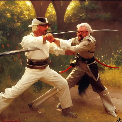 Prompt: colonel sanders with katana fighting donald mcdonald, highly detailed painting by gaston bussiere, craig mullins, j. c. leyendecker, 8 k