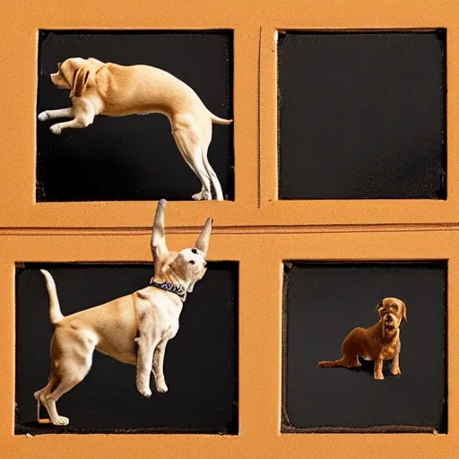 Prompt: a dog jumping up and down, film strip reel showing all frames