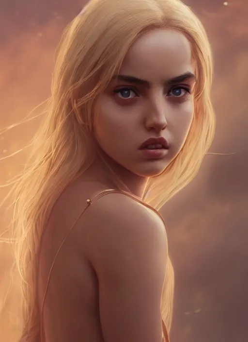 Prompt: blond girl hell spawn at the fiery pits of hell, flawless symmetrical pretty cute face, ana de armas, greg rutkowski, 8 k, shallow depth of field, intricate detail, concept art,