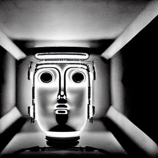 Prompt: movie still of robot with glowing third eye, cinematic composition, cinematic light, criterion collection, by david lynch