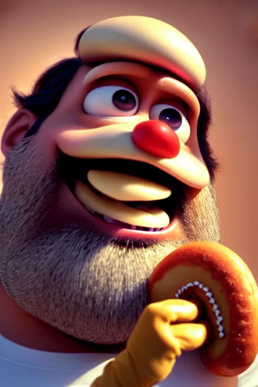 Prompt: pixar bearded man holding a hot dog, laughing, brown eyes, happy | glamorous oily soft polished rich ornate modern | weta disney pixar movie still photo | hi - fructose, sci fi fantasy, smooth, octane render, sharp focus, artstation, concept art | artgerm, mucha, rutkowski, feng zhu, wlop, loish