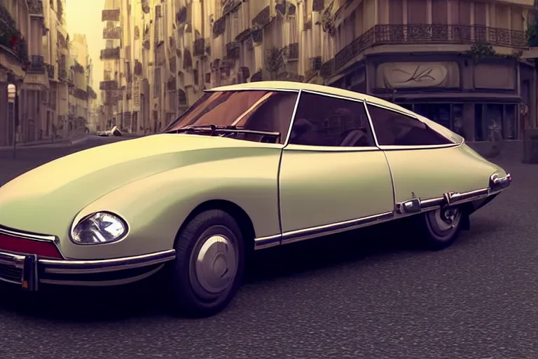 Prompt: a wholesome beautiful animation key shot of!! one!! focused!! 1 9 7 4 citroen ds!! in a paris street, medium wide shot, studio ghibli, ( pixar ) and disney animation, sharp, very detailed, high resolution, rendered in unreal engine 5, anime key art by greg rutkowski, bloom, dramatic lighting