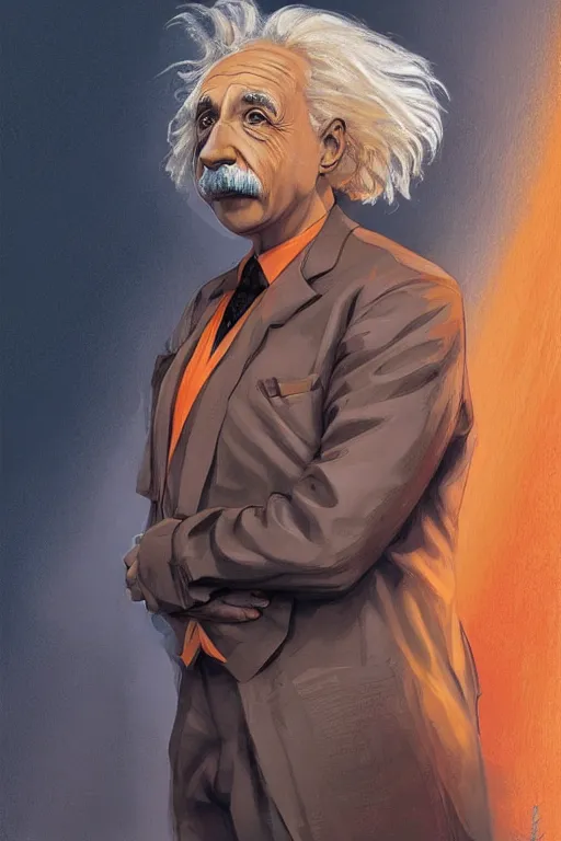 Image similar to Einstein as a prisoner, dressed in an orange jumpsuit intricate, elegant, highly detailed, centered, digital painting, artstation, concept art, smooth, sharp focus, illustration, art by artgerm and donato giancola and Joseph Christian Leyendecker, Ross Tran, WLOP