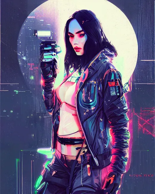 Image similar to detailed portrait Megan Fox Neon Operator Girl, cyberpunk futuristic neon, reflective puffy coat, decorated with traditional Japanese ornaments by Ismail inceoglu dragan bibin hans thoma greg rutkowski Alexandros Pyromallis Nekro Rene Maritte Illustrated, Perfect face, fine details, realistic shaded, fine-face, pretty face