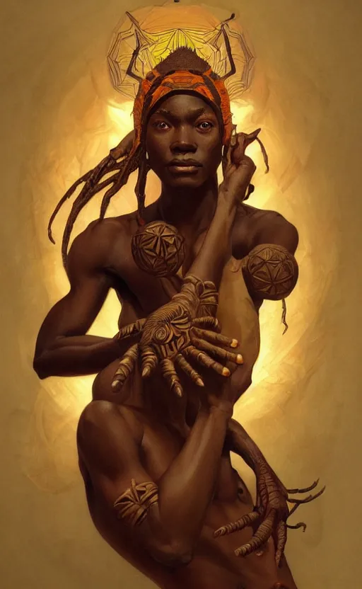 Image similar to ! dream the god anansi, african mythology, intricate, upper body, highly detailed, digital painting, artstation, concept art, sharp focus, cinematic lighting, illustration, art by artgerm and greg rutkowski, alphonse mucha, cgsociety