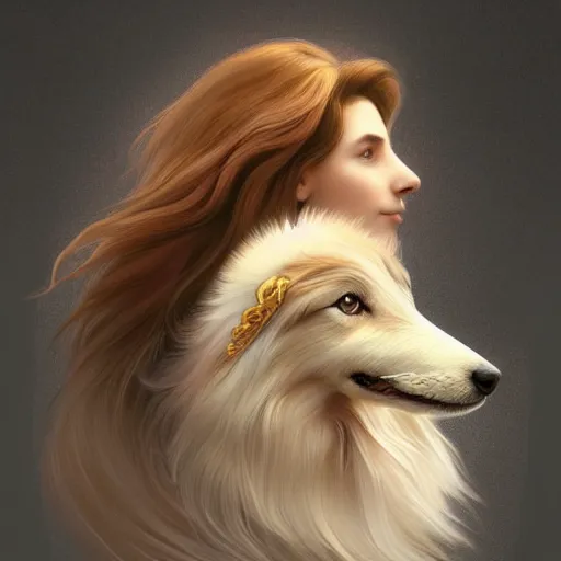 Image similar to a half woman half shetland sheepdog, elegant, highly detailed, digital painting, concept art, smooth, sharp focus, illustration, art by artgerm and greg rutkowski and alphonse mucha,artstation,deviantart,FAN ART,Unreal Engine,face enhance,8K,golden ratio,cinematic lighting H 704