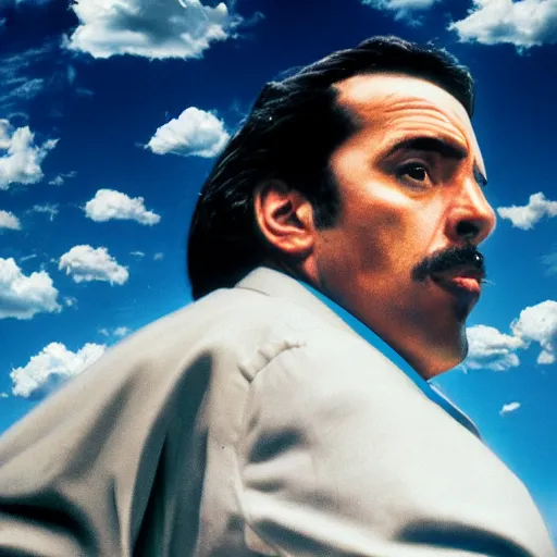 Image similar to Better Call Pedro, promo poster, clouds in the background, cinematic light, 35 mm, film grain, movie, realistic, detailed face