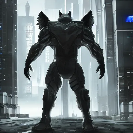 Image similar to a large muscular wolf wearing cyberpunk techwear in an office, artstation, high res, 4k