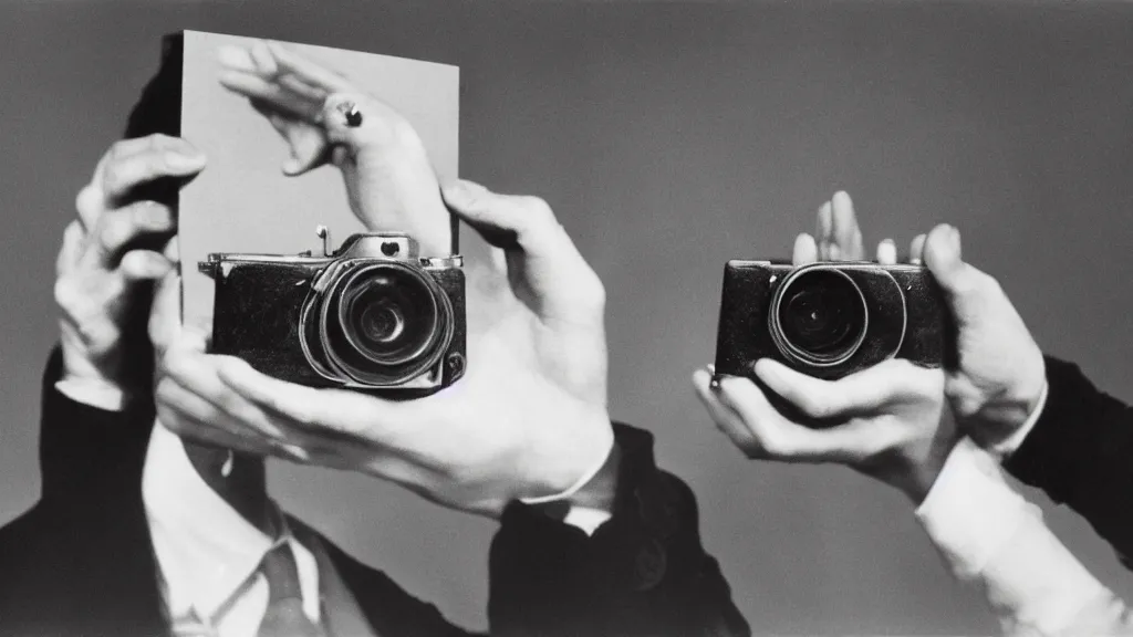 Image similar to Two people holding cameras and facing each other, by Gertrude Abercrombie Tim burton and Rene Magritte