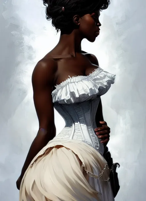 Image similar to cute black woman wearing a white corset dress, fantasy, intricate, highly detailed, digital painting, artstation, concept art, wallpaper, smooth, sharp focus, illustration, art by artgerm and greg rutkowski and alphonse mucha