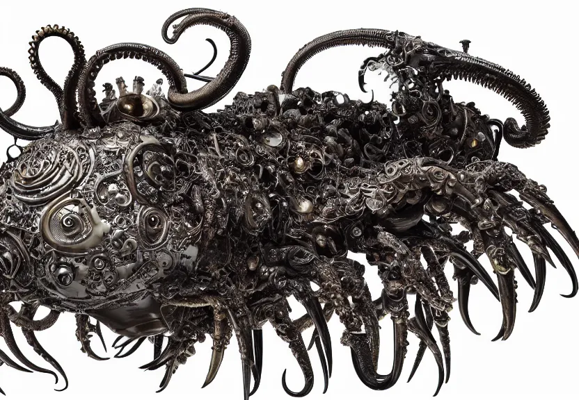 Prompt: an opulent banquet of food on a table covered with machine octopus and machine hermit crabs and machine earthworms and huge metal animal skulls. biomechanical giger ’ s xenomorph. the thing. the blob. reclaimed lumber, detailed and intricate environment, hyperrealism, food photography, rembrandt