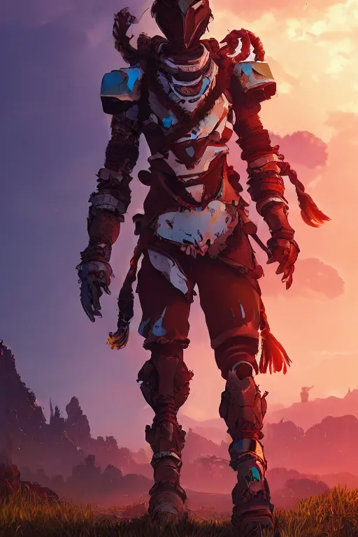 Image similar to combination suit armor aloy horizon forbidden west horizon zero dawn radiating a glowing aura global illumination ray tracing hdr fanart arstation by ian pesty and alena aenami artworks in 4 k tribal robot ninja mask helmet backpack