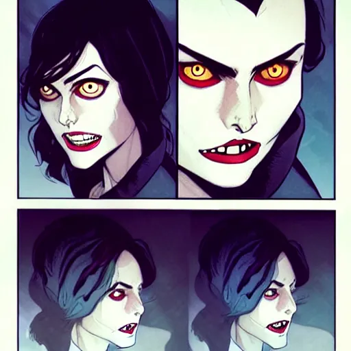 Image similar to Rafeal Albuquerque comic art, Joshua Middleton comic art, pretty Phoebe Tonkin vampire sharp teeth, fully red eyes no pupils, razor sharp teeth open mouth evil smile, horror, symmetrical face, symmetrical eyes, pretty white dress, short black hair, full body:: snow outside::