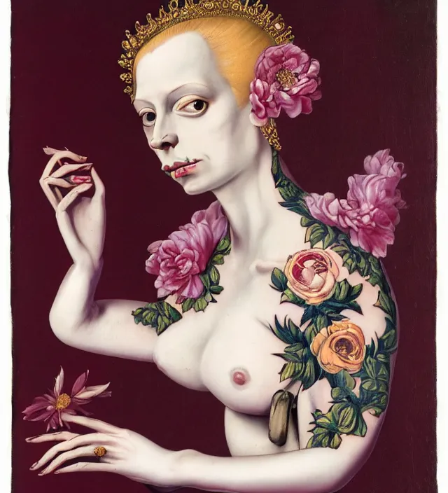 Image similar to baroque portrait of a blonde princess of porceline skin, full body floral tattoos, by francis bacon